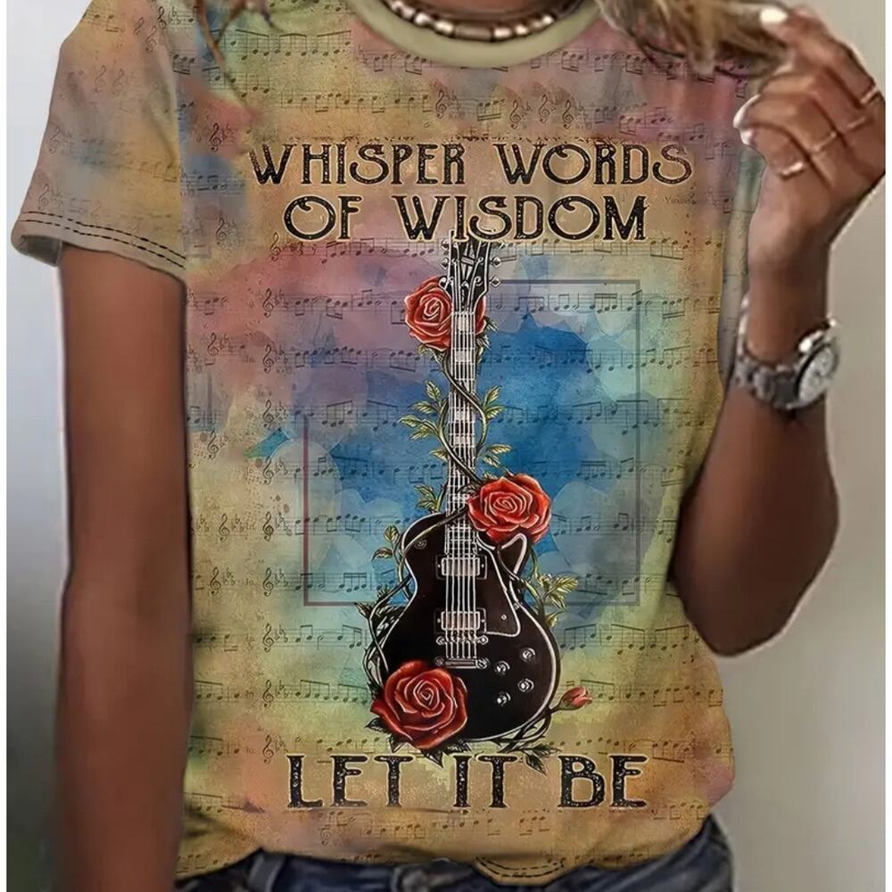 NWOT Women's "Let It Be" Music Notes Guitar Roses Graphic Print T-Shirt Size XL